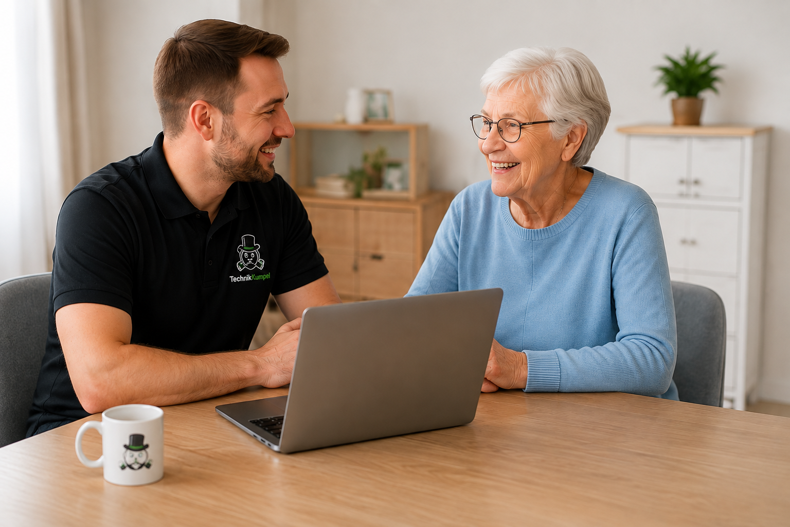 TechnikKumpel erklärt einer Kundin die Technik am Laptop